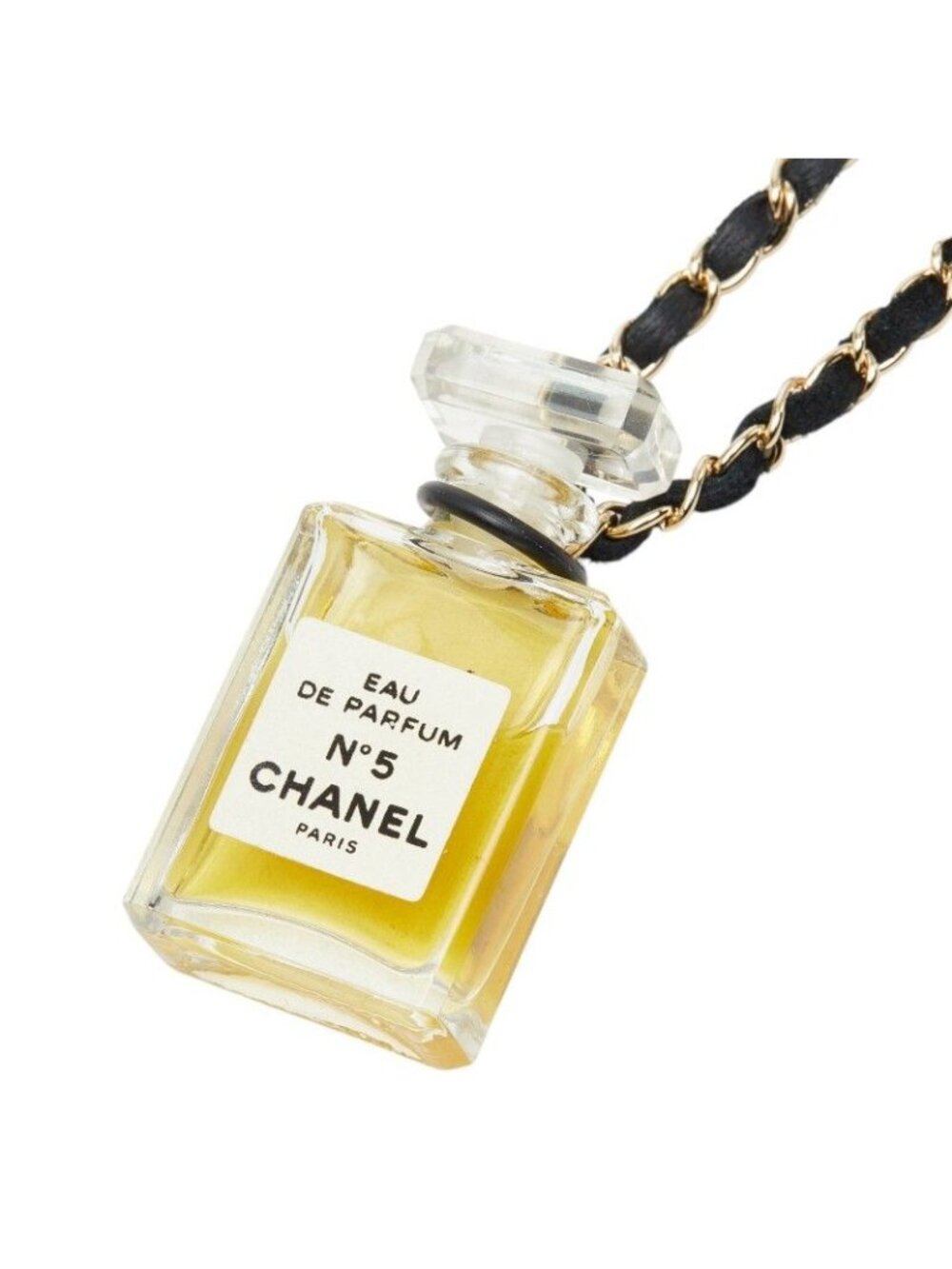Chanel Perfume Bottle Chain Necklace Gold Black Plated Leather
